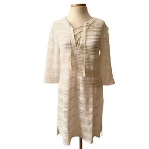 Letarte Crochet Lace Semi Sheer Stripe Hand Knit Coverup Midi Dress White Sz MED